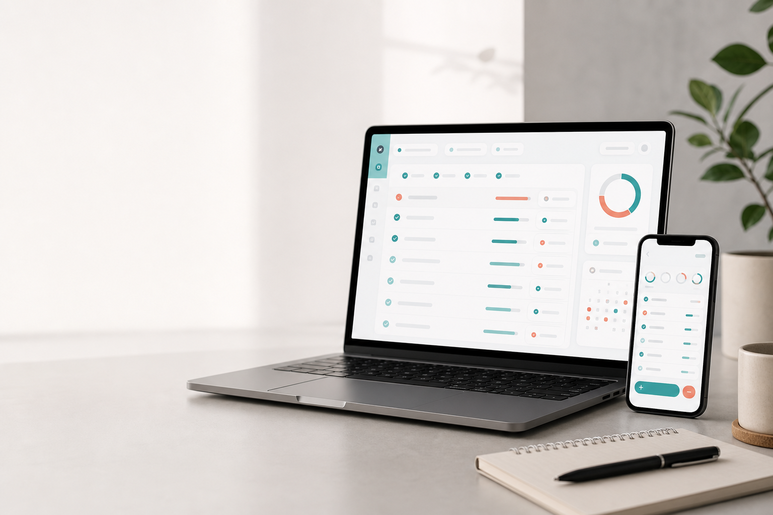 Routine management dashboard shown on laptop and phone screens
